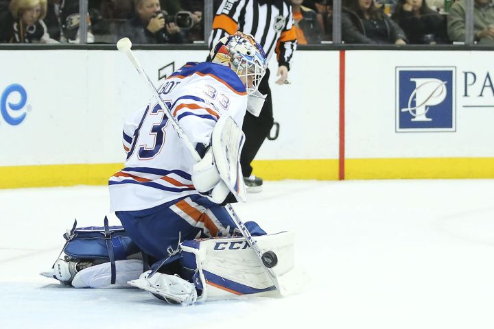 Edmonton Oilers' goalie Cam Talbot makes a stick save in the game between the Edmonton Oilers and Anaheim Ducks at the Honda Center in Anaheim, Calif. on Jan. 25, 2017.