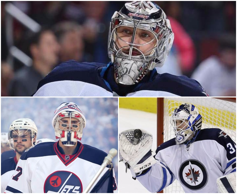 The Jets currently have three goalies in the NHL: Ondrej Pavelec (top), Michael Hutchinson (right) and Connor Hellebuyck (left). 