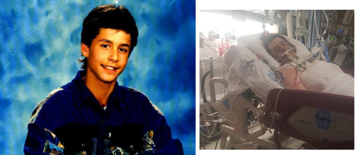 Travis when he was younger and when he was in the ICU in hospital.