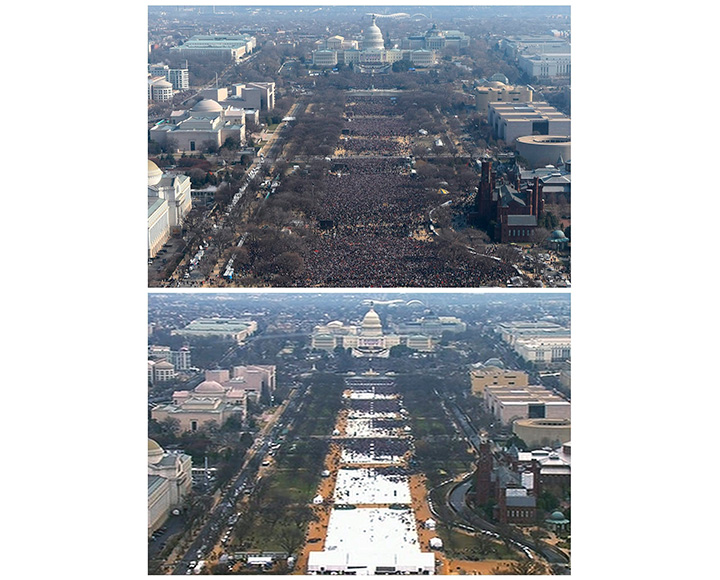 This pair of photos shows a view of the crowd on the National Mall at the inaugurations of President Barack Obama, above, on Jan. 20, 2009, and President Donald Trump, below, on Jan. 20, 2017. The photo above and the screengrab from video below were both shot shortly before noon from the top of the Washington Monument.