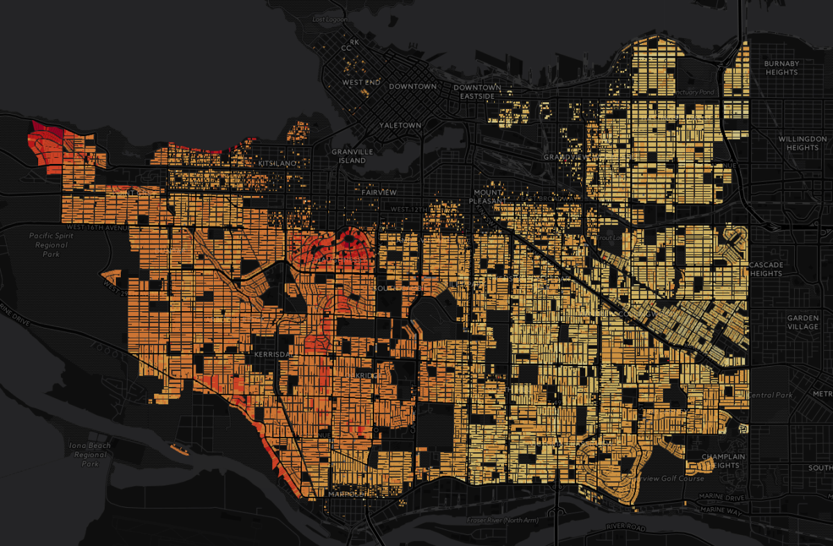 Red colours indicate that Vancouver land values grew by anywhere from $1 million to $2 million last year. Yellow colours indicate land value growth of closer to $50,000 per year.