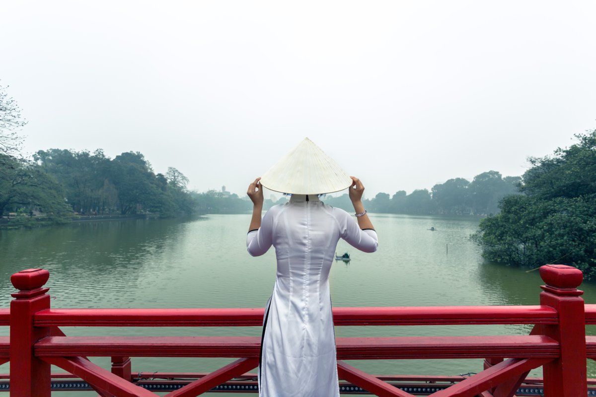 The Huc red bridge on Hoan Kiem lake in Hanoi, Vietnam.