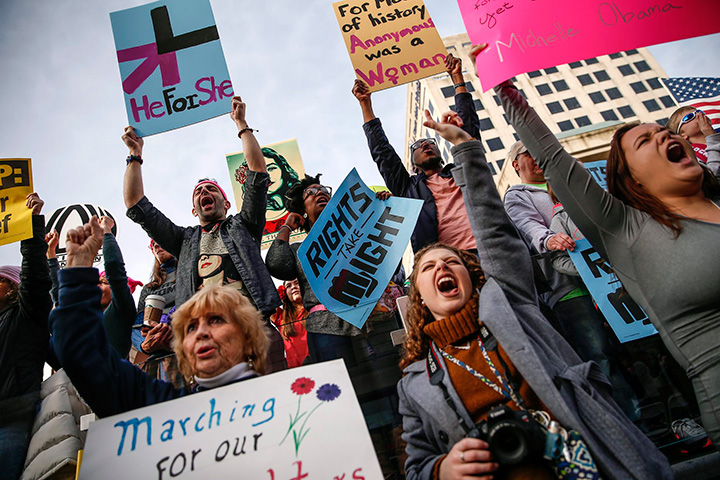 Thousands attend the Women’s March Indianapolis rally, a sister rally of the Women’s March on Washington, on the west side of the Indiana Statehouse in Indianapolis on Saturday, Jan. 21, 2017.
