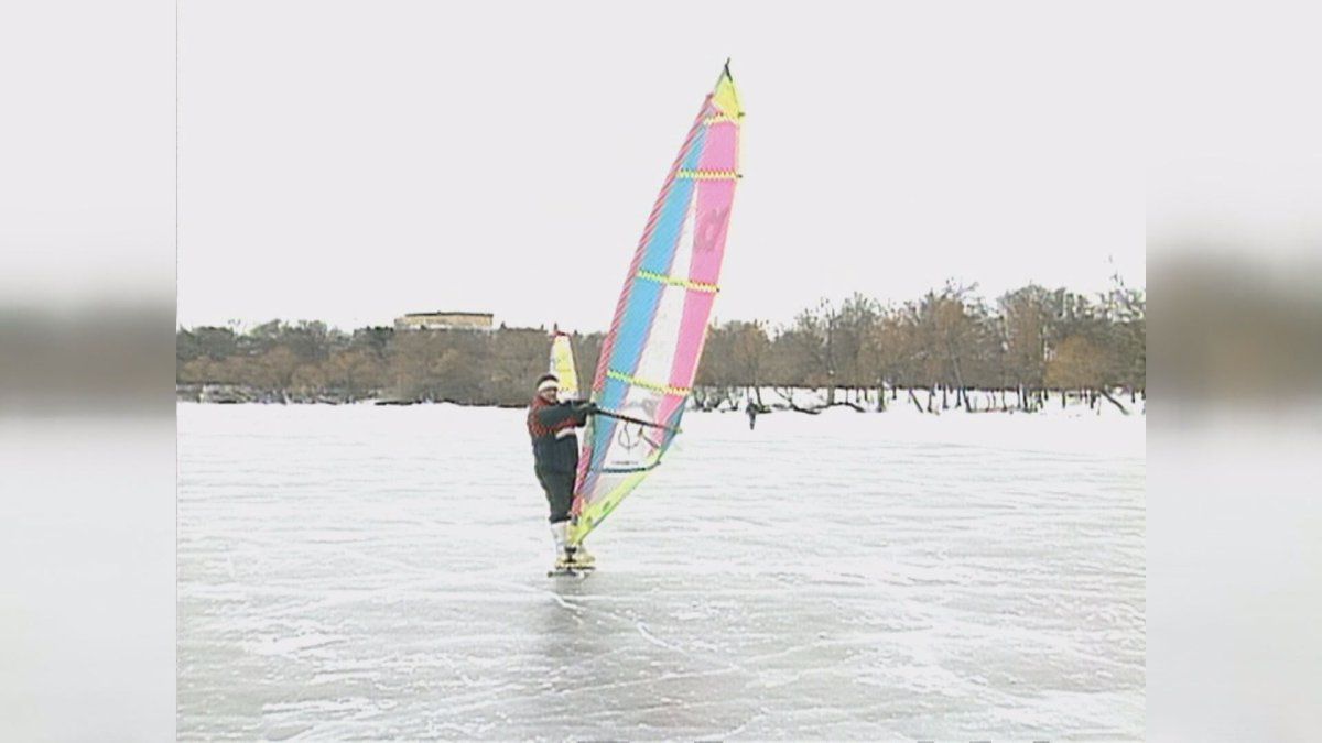 A man on skates sails through the ice at Waskimo.