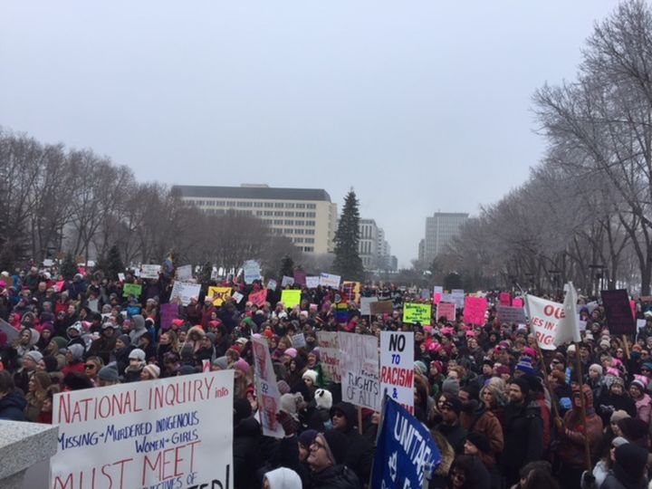 About 2,000 people show up at a rally at the Alberta legislature on Jan. 21, 2017. The rally was held in solidarity with the Women's March on Washington.
