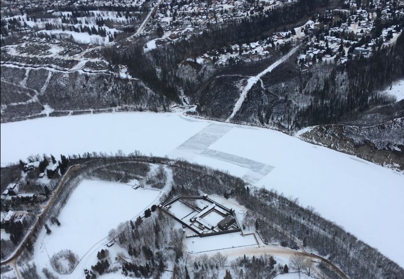 Snow cleared off the North Saskatchewan River as seen by the Global 1 chopper.