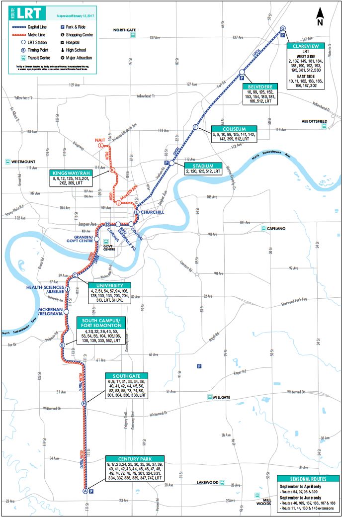 Edmonton\’s LRT system: The Capital Line and the Metro Line.