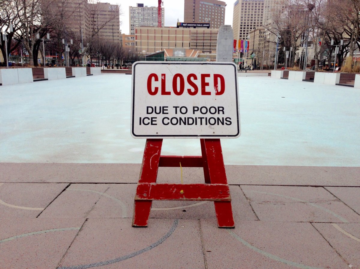 The outdoor rink at Edmonton City Hall was closed Thursday, Feb. 23, 2017 because of recent mild conditions.