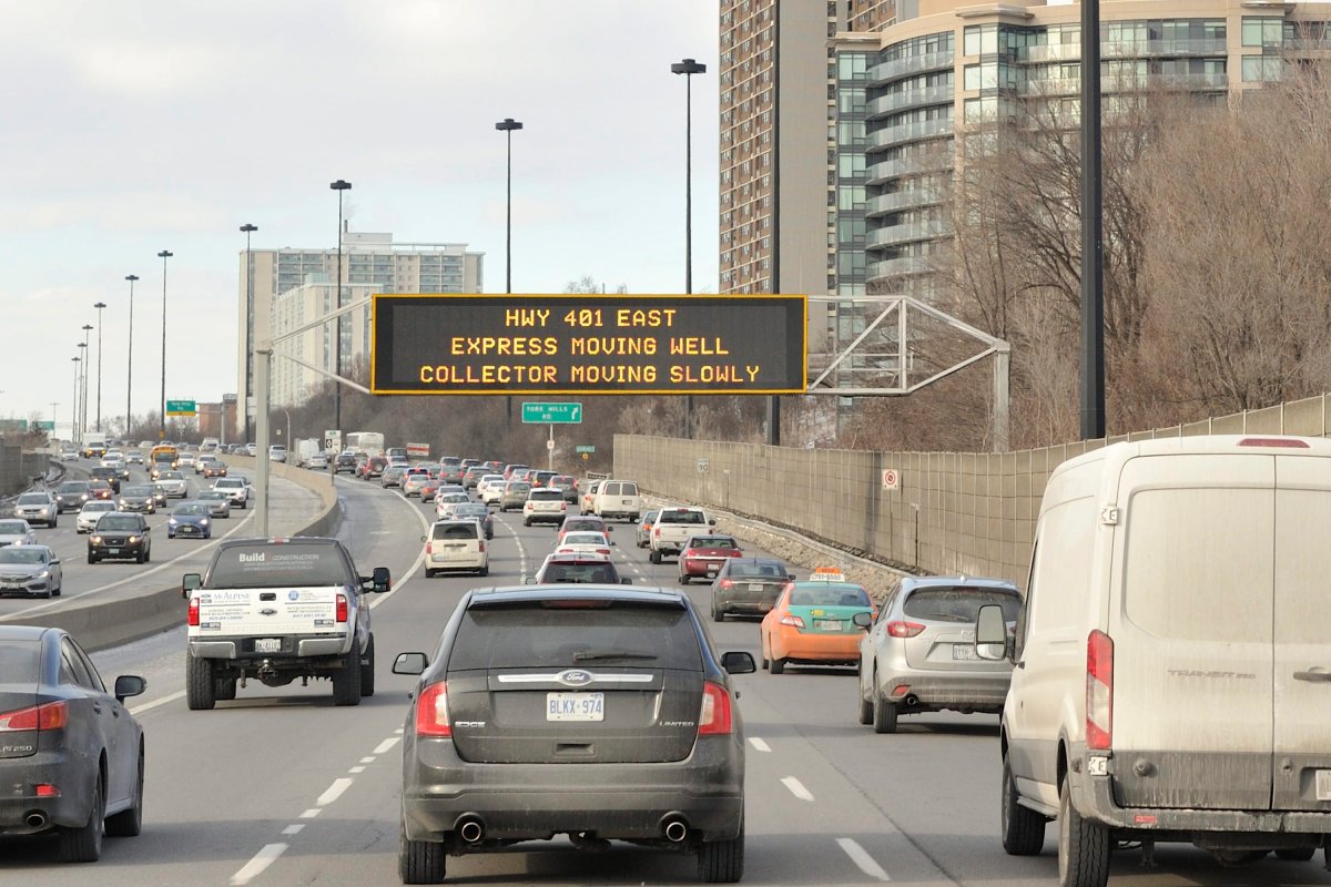 Afternoon traffic is seen as cars and other vehicles travel northbound on the Don Valley Parkway, in Toronto on March 4, 2016. 