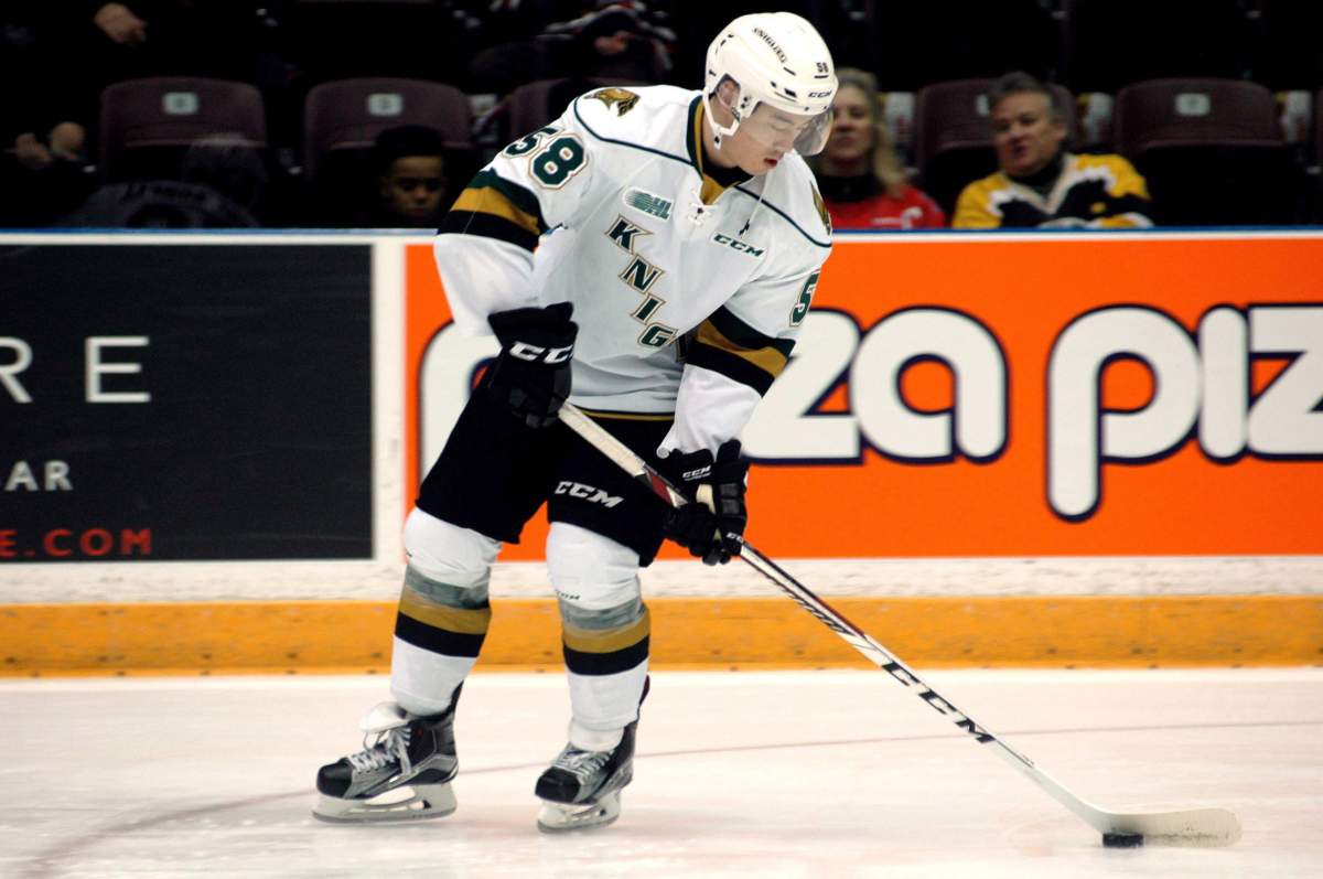 London Knights’ Mitch Vande Sompel, warms up before an OHL game in this image from London, Ontario.