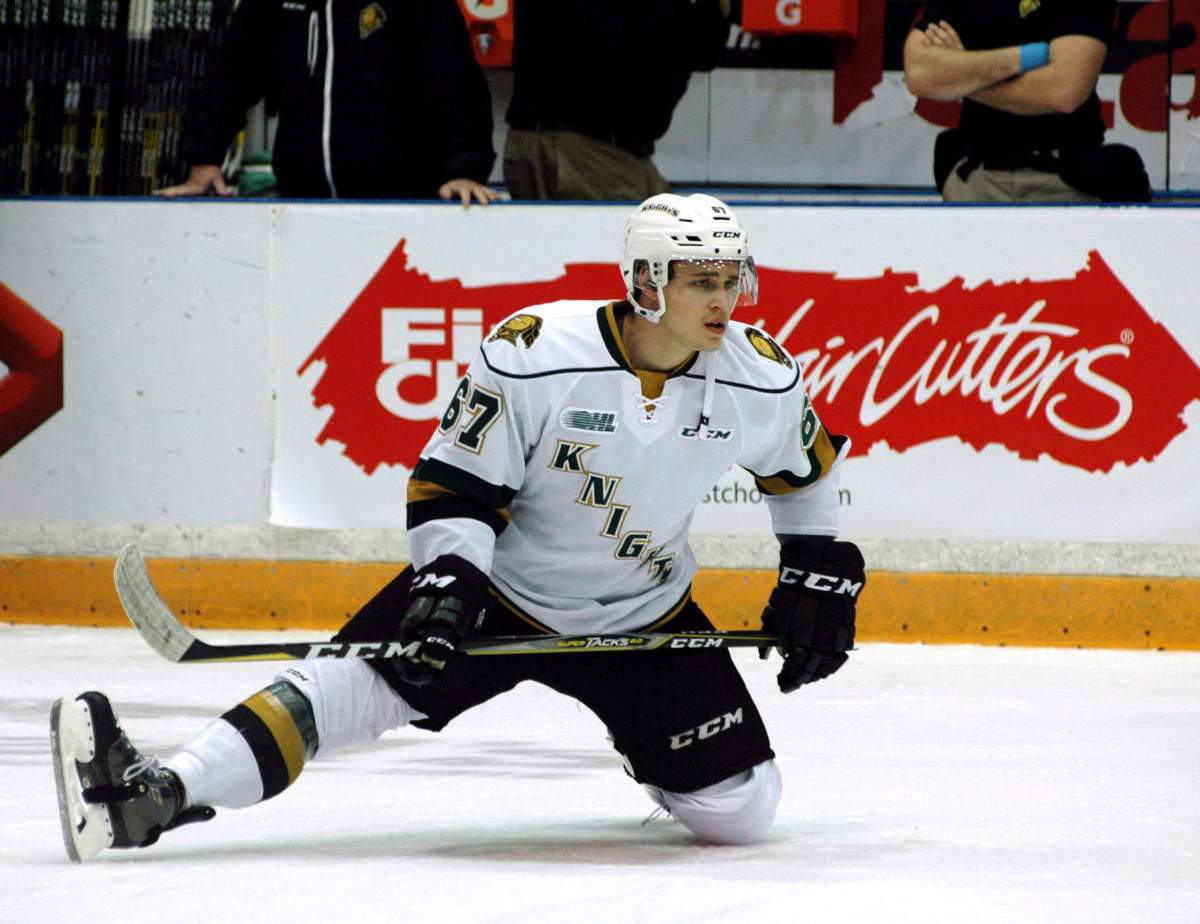 London Knights’ Mitchell Stephens warms up before an OHL game in this image from London, Ontario.