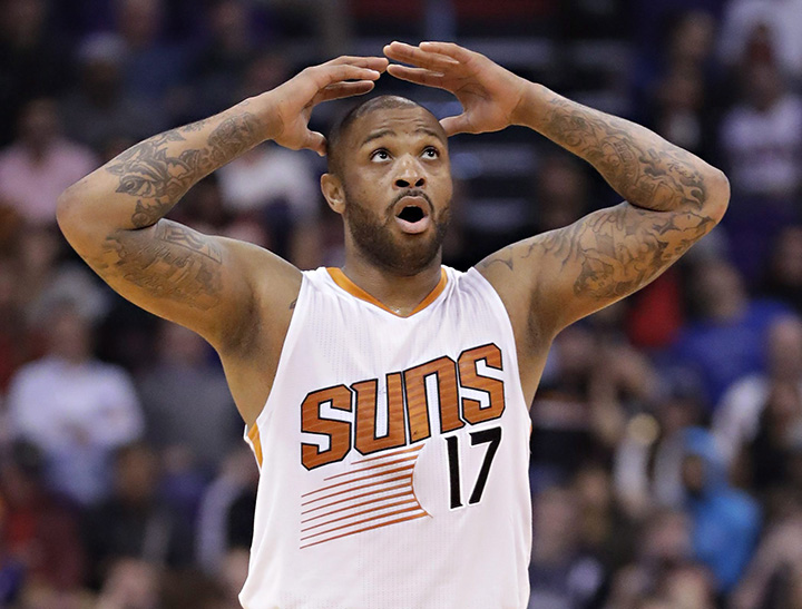 Phoenix Suns forward P.J. Tucker (17) reacts to a call during the second half of the team's NBA basketball game against the Los Angeles Clippers, Wednesday, Feb. 1, 2017, in Phoenix. 