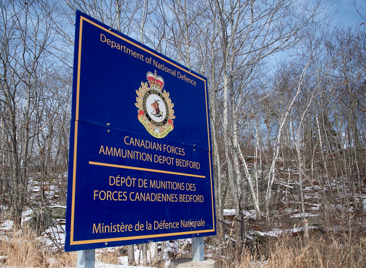 A sign at the Canadian Forces Ammunition Depot is seen in Bedford, N.S., on Thursday, Feb. 9, 2017. An internal report from 2015 suggests that risk of fire at the facility is high with concerns that there could be casualties and extensive damage to both property and the environment. 