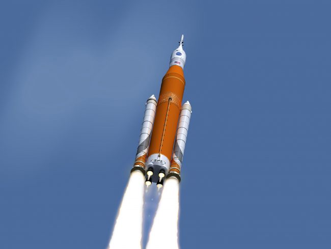 An artist's concept of the launch of the Space Launch System rocket and Orion capsule, provided by NASA on Feb. 15, 2017.