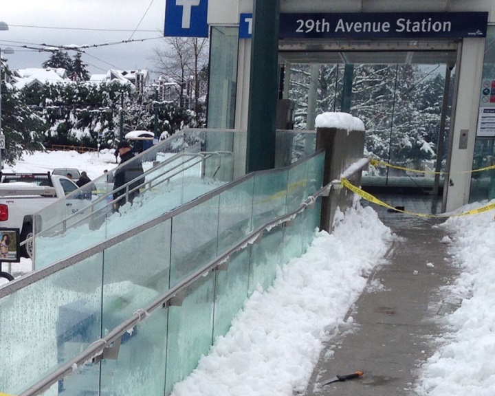 FILE PHOTO: Police tape up as evidence is still waiting to be collected at 29th avenue Skytrain station on Dec. 19, 2016. 