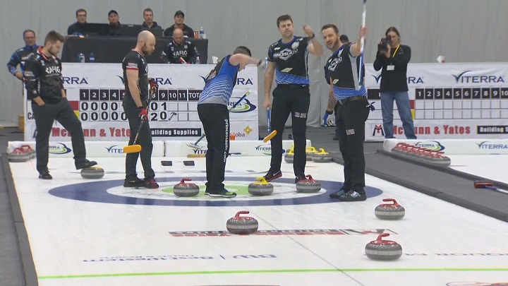 Team Carruthers celebrates their win over Mike McEwen in Saturday night's 1-vs-2 Page Playoff game at the Viterra Championship in Portage la Prairie.