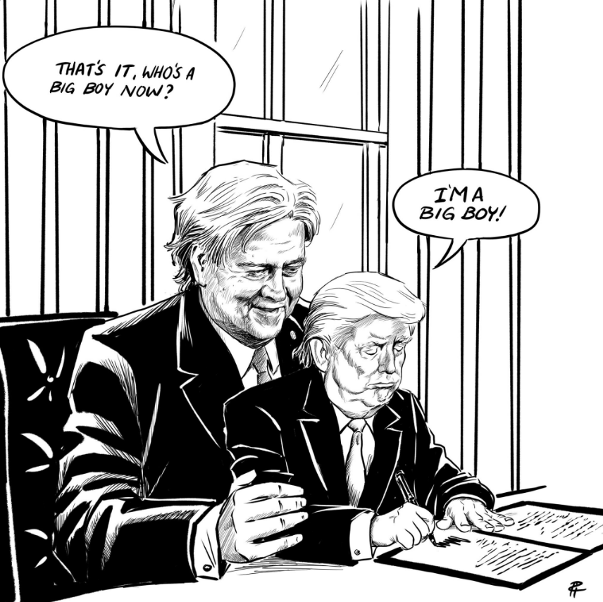 The political cartoon by Pia Guerra comments on Steve Bannon's influence in Donald Trump's White House.