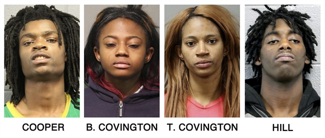 FILE - In these undated file booking photos provided by the Chicago Police Department show, from left, Tesfaye Cooper, Brittany Covington, Tanishia Covington and Jordan Hill. The four are charged, with aggravated kidnapping and taking part in a hate crime after allegedly beating and taunting a white mentally disabled man that was captured by a cellphone camera and shown live on Facebook.