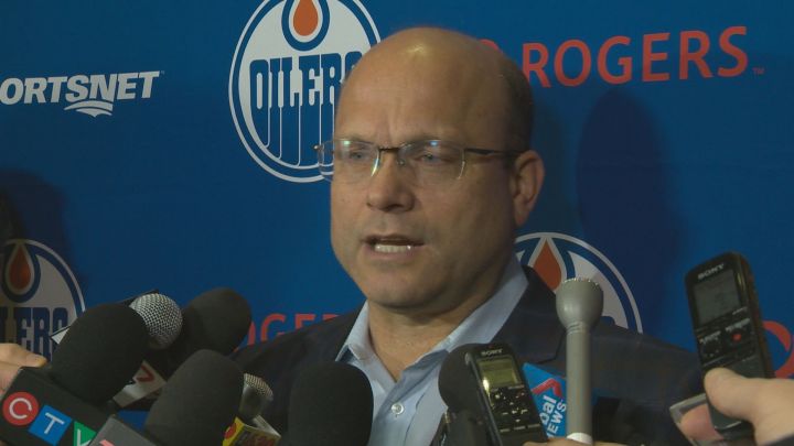 Edmonton Oilers GM Peter Chiarelli speaks to reporters on Feb. 14, 2017.