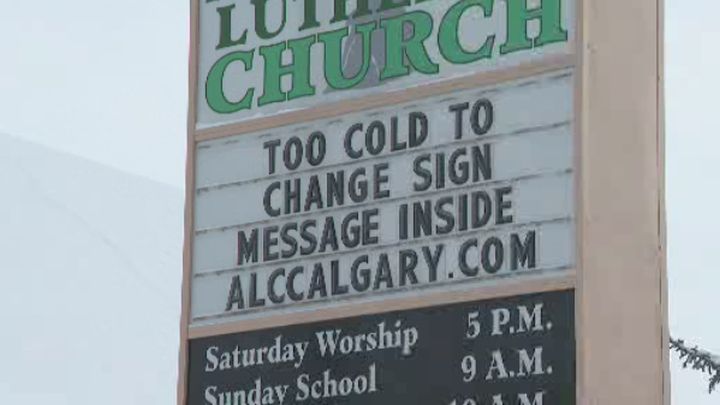 Sign posted at the Ascension Lutheran Church in northeast Calgary Monday.