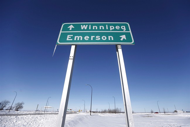 A road sign is seen near Emerson, Man. Thursday, February 9, 2016. 