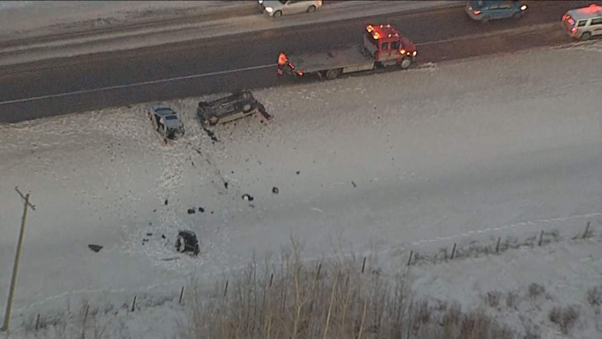 A collision west of Calgary on Monday, Feb. 13, 2017 left two vehicles badly damaged. 