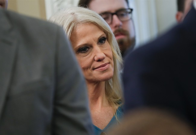Kellyanne Conway, senior adviser to President Trump, watches the swearing in ceremony of Attorney General Jeff Sessions in the Oval Office of the White House in Washington, Thursday, Feb. 9, 2017.