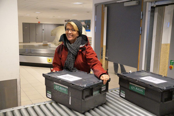 Crop Trust executive director Marie Haga scans boxes of ICARDA’s seeds returning to Svalbard after being withdrawn from the vault in 2015.