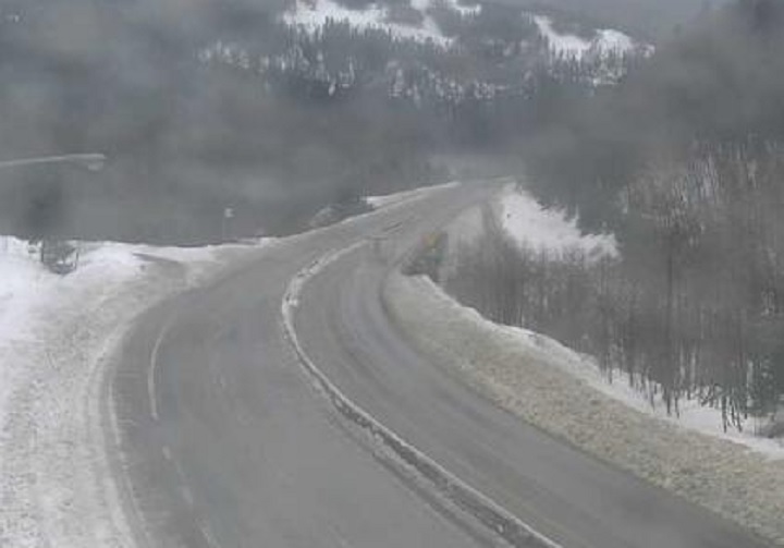 The Coquihalla Highway looking south from the Portia chain up on Friday morning. The road was closed in both directions Friday morning because of  two collisions. 