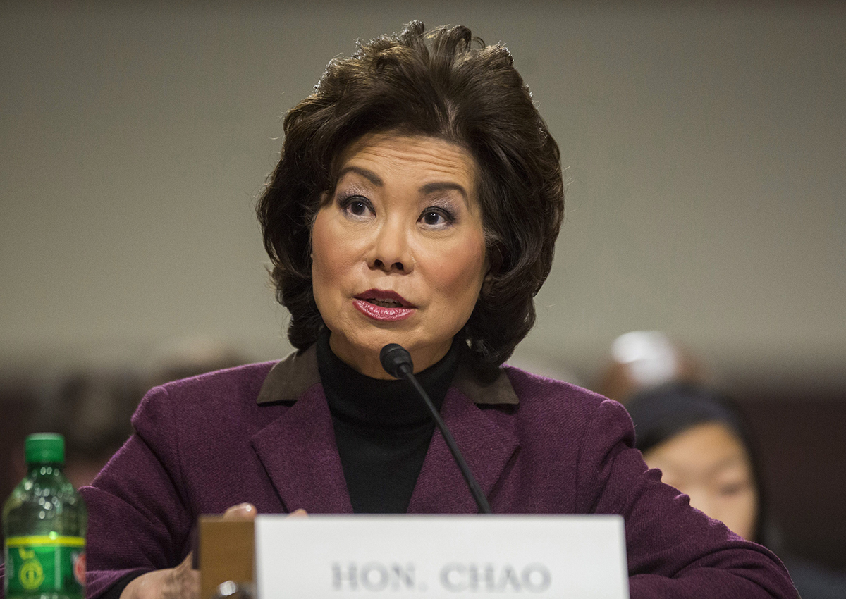 In this Jan. 11, 2017 file photo, Transportation Secretary-designate Elaine Chao testifies on Capitol Hill in Washington at her confirmation hearing before the Senate Commerce, Science, and Transportation Committee. 