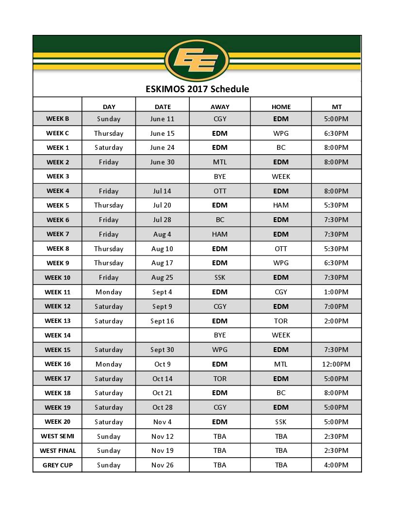 2017 Edmonton Eskimos schedule features Friday, Saturday home games - image