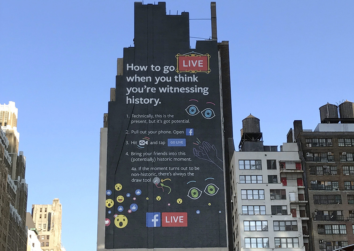 This Nov. 16, 2016, photo shows a Facebook Live billboard on the side of a building near New York's Penn Station.