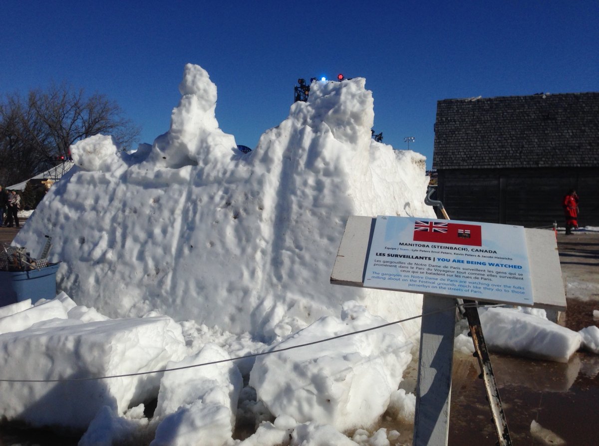 Sculptures at Festival du Voyageur are starting to lose definition in the warm temperatures.