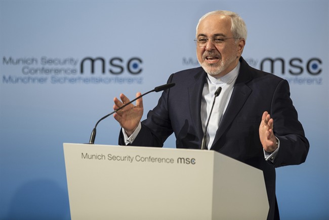 Iran Foreign Minister Mohammad Javad Zarif speaks on the last day of the Munich Security Conference in Munich, southern Germany, Sunday, Feb. 18, 2017. (Matthias Balk//dpa via AP).