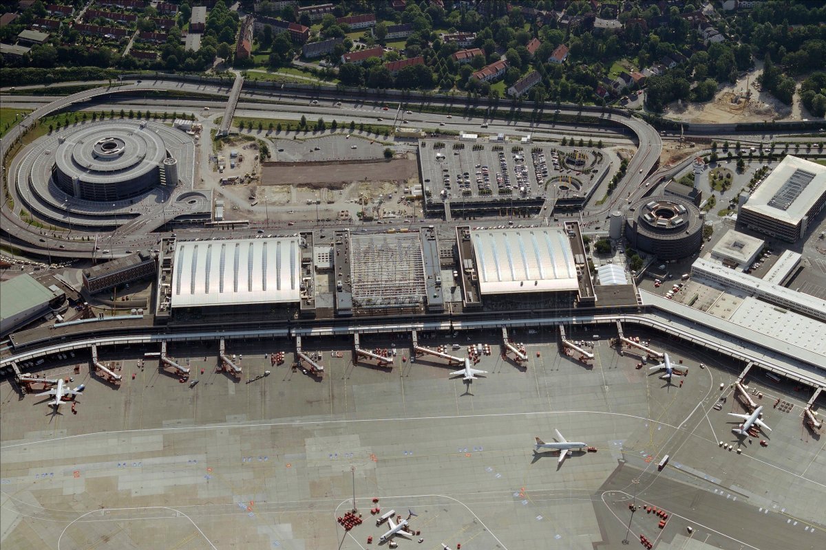 An aerial image of Hamburg Airport, Hamburg .