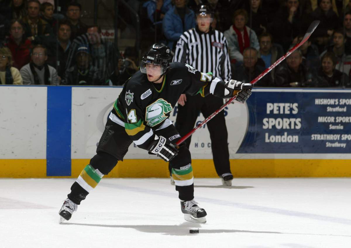 LONDON, ONTARIO - DECEMBER 17:  Bryan Rodney #74 of the London Knights takes a slap shot during the Ontario Hockey League game against the Sudbury Wolves at John Labatt Centre on December 17, 2004 in London, Ontario.  The Wolves defeated the Knights 5-2, ending the Knights 31 game unbeaten streak.  (Photo by Claus Andersen/Getty Images).
