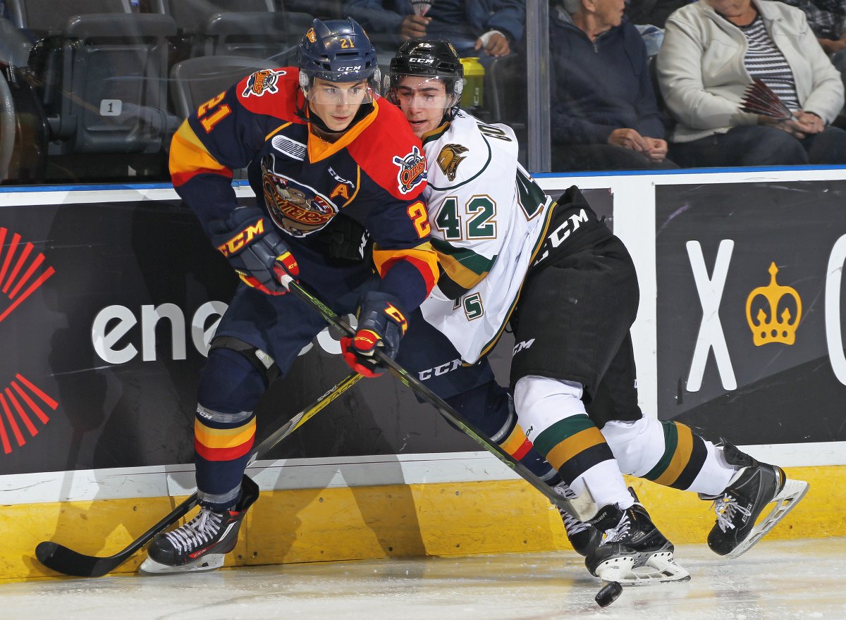 Jacob Golden of the London Knights goes to the boards in a game against the Erie Otters.  (Photo by Claus Andersen/Getty Images).