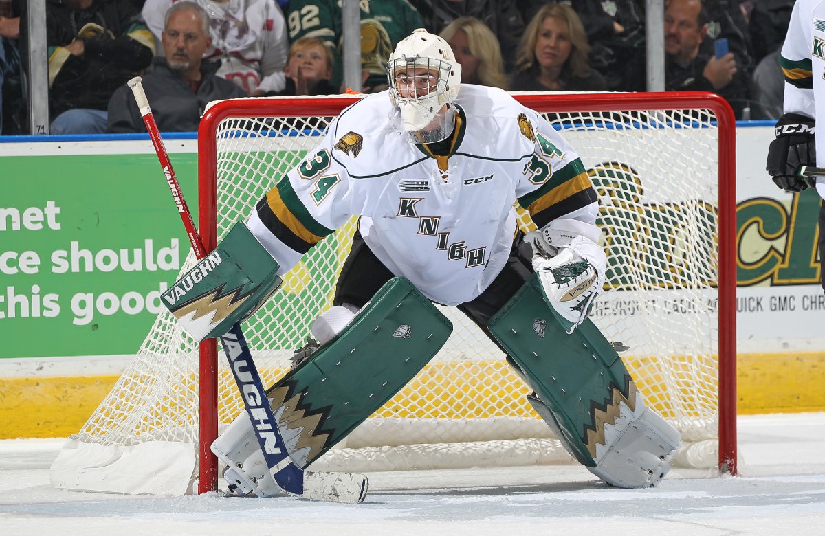 Tyler Johnson #34 of the London Knights watches for a shot against the Kitchener Rangers during an OHL game at Budweiser Gardens on October.