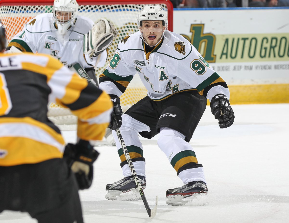 Victor Mete #98 of the London Knights defends against the Kingston Frontenacs. (Photo by Claus Andersen/Getty Images).