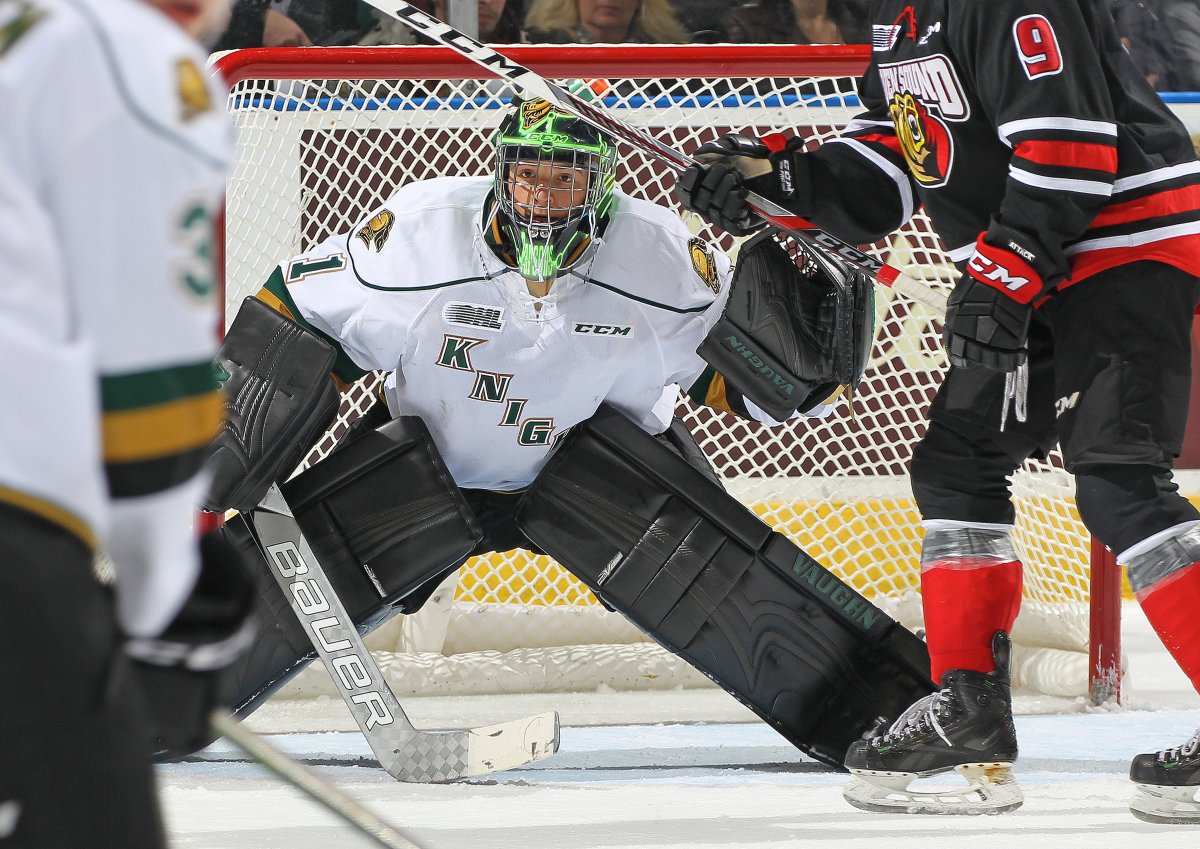 LONDON, ON - Tyler Parsons #1 of the London Knights watches for a shot against the Owen Sound Attack during an OHL game at Budweiser Gardens.  (Photo by Claus Andersen/Getty Images).