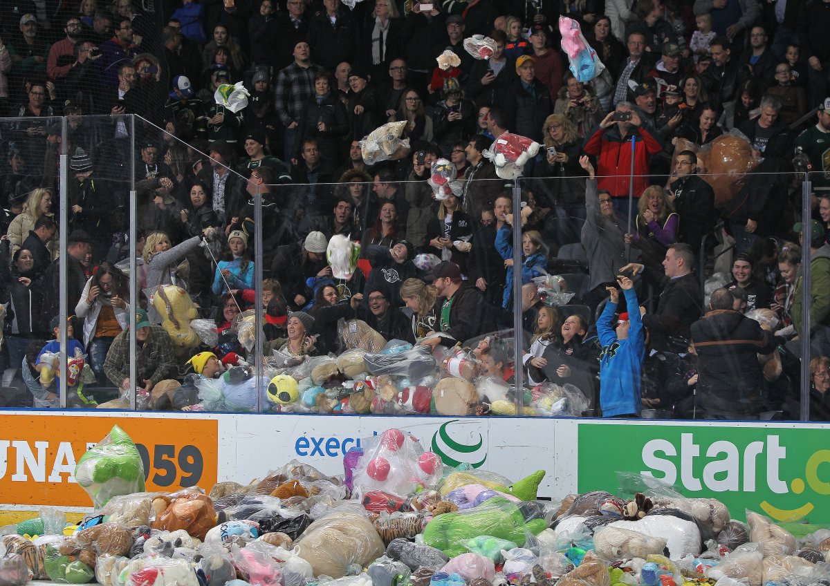 LONDON, ON - DECEMBER 4:  9,220 stuffed animals hit the ice during the London Knights annual Teddy Bear toss against the Flint Firebirds during an OHL game at Budweiser Gardens on December 4, 2016 in London, Ontario, Canada. The Knights defeated the Firebirds 6-2. 