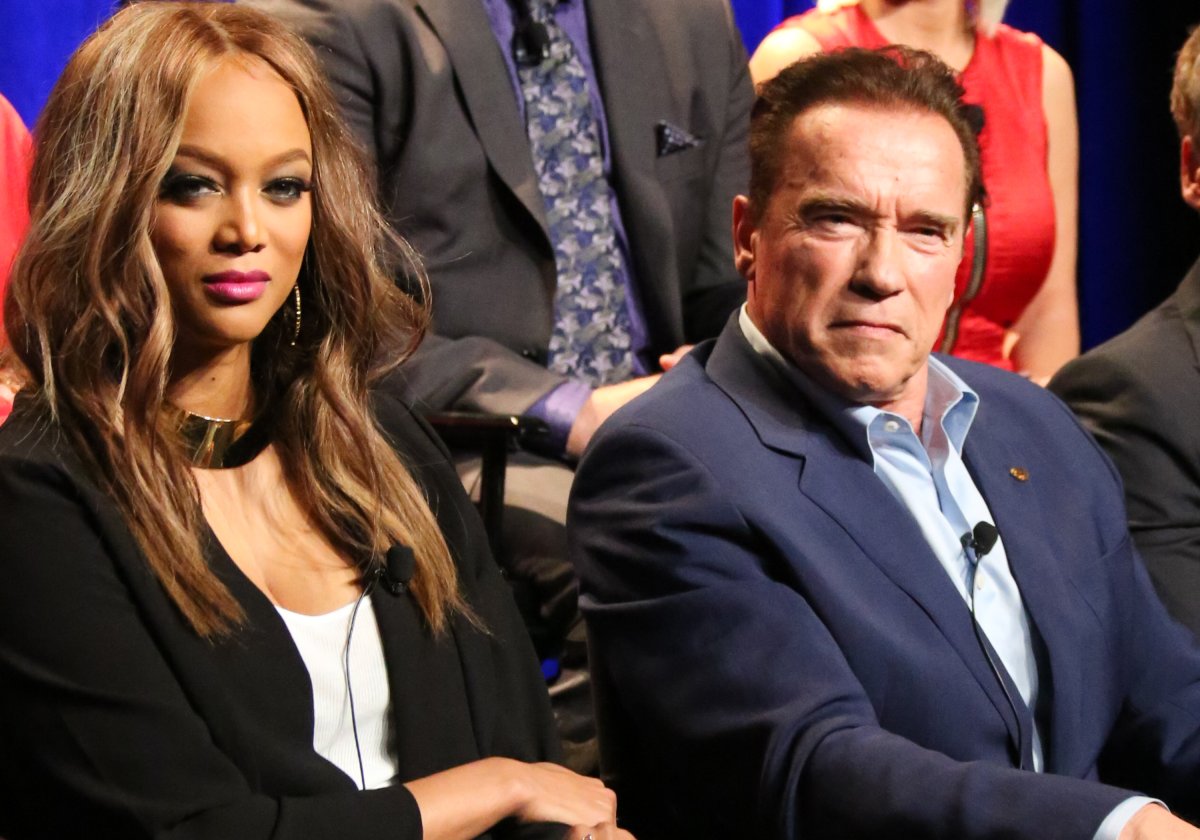 Fashion Model / TV Personality Tyra Banks (L) and Actor Arnold Schwarzenegger (R) attend the Q&A for NBC's "The New Celebrity Apprentice" at NBC Universal Lot on December 9, 2016 in Universal City, California.