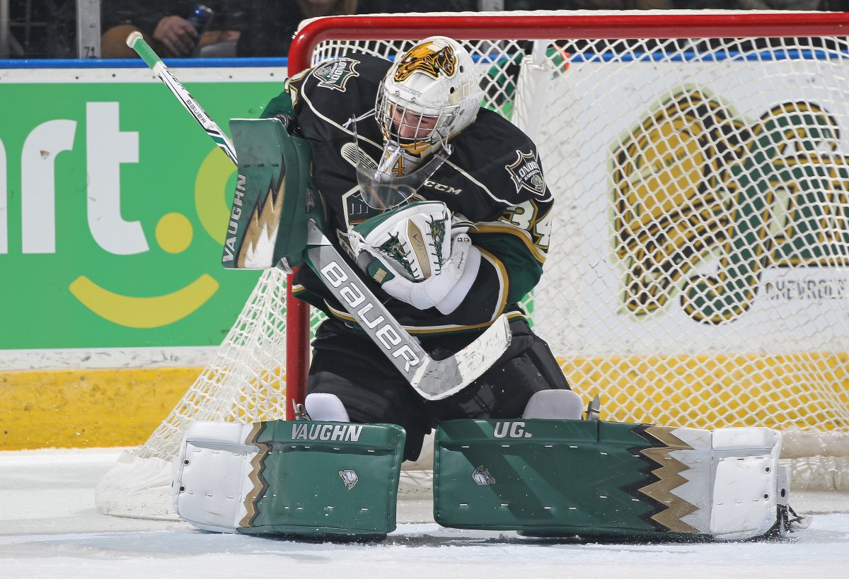 LONDON, ON - Tyler Johnson #34 of the London Knights stops a shot in the London net.(Photo by Claus Andersen/Getty Images).