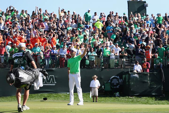 Graham DeLaet of Canada reacts to his birdie putt on the 16th green during the third round of the Waste Management Phoenix Open at TPC Scottsdale on February 4, 2017 in Scottsdale, Arizona.