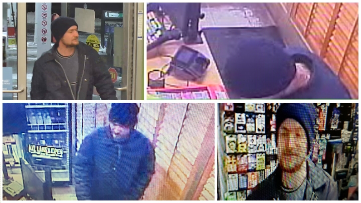 A collage of photos have been released by Halifax police of a suspect in connection with two robberies that occurred in the city. 
