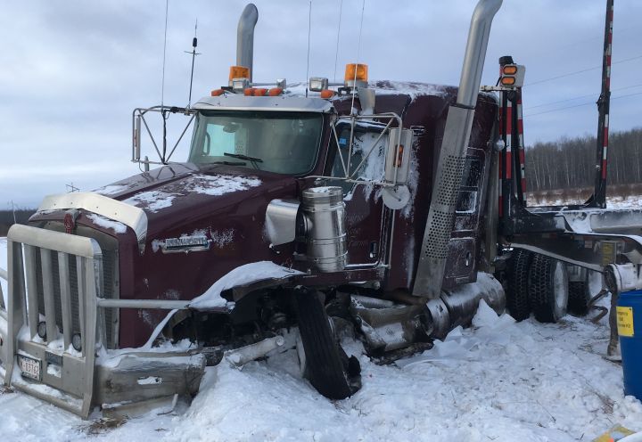 A photo of a semi-truck involved in a serious crash on Highway 35 near Paddle Prairie, Alta. on Feb. 21, 2017.