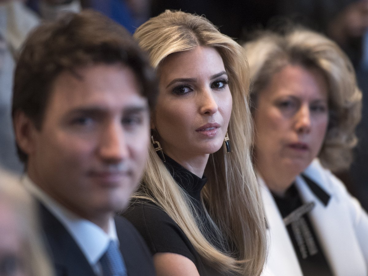 Ivanka Trump listens during a round-table discussion on the advancement of women business leaders with Justin Trudeau at the White House on Feb. 13, 2017. 