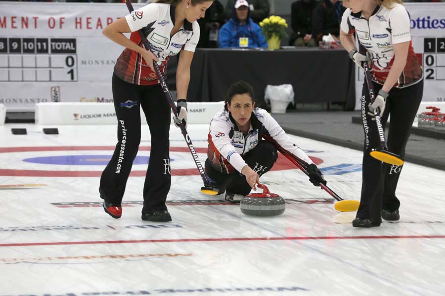 Jill Officer throwing a rock at the Manitoba Scotties Tournament of Hearts. 