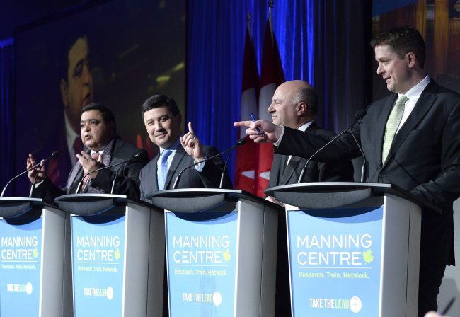 Deepak Obhrai, Michael Chong, Kevin O'Leary and Andrew Scheer participate in a Conservative Party leadership debate at the Manning Centre conference, on Friday, Feb. 24, 2017 in Ottawa. 