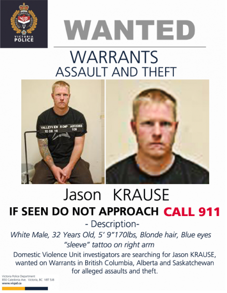 Jason Krause is wanted for two offences including Assault and Theft. 
